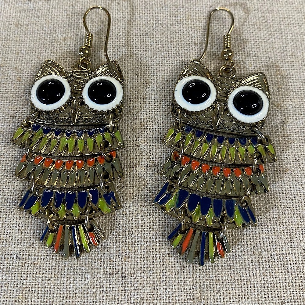 Colorful Enameled Gold Tone Articulated Owl Dangle Earrings. Approximately 2.5”